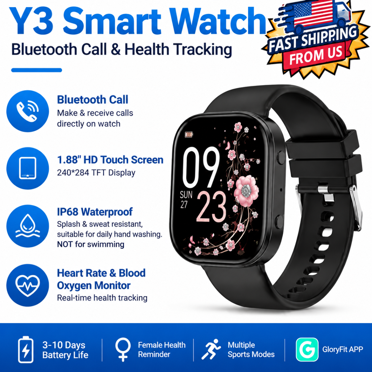 Y2 Smart Watch Bluetooth Call 1.88" TFT Screen IP67 Waterproof Fitness Watch Hea