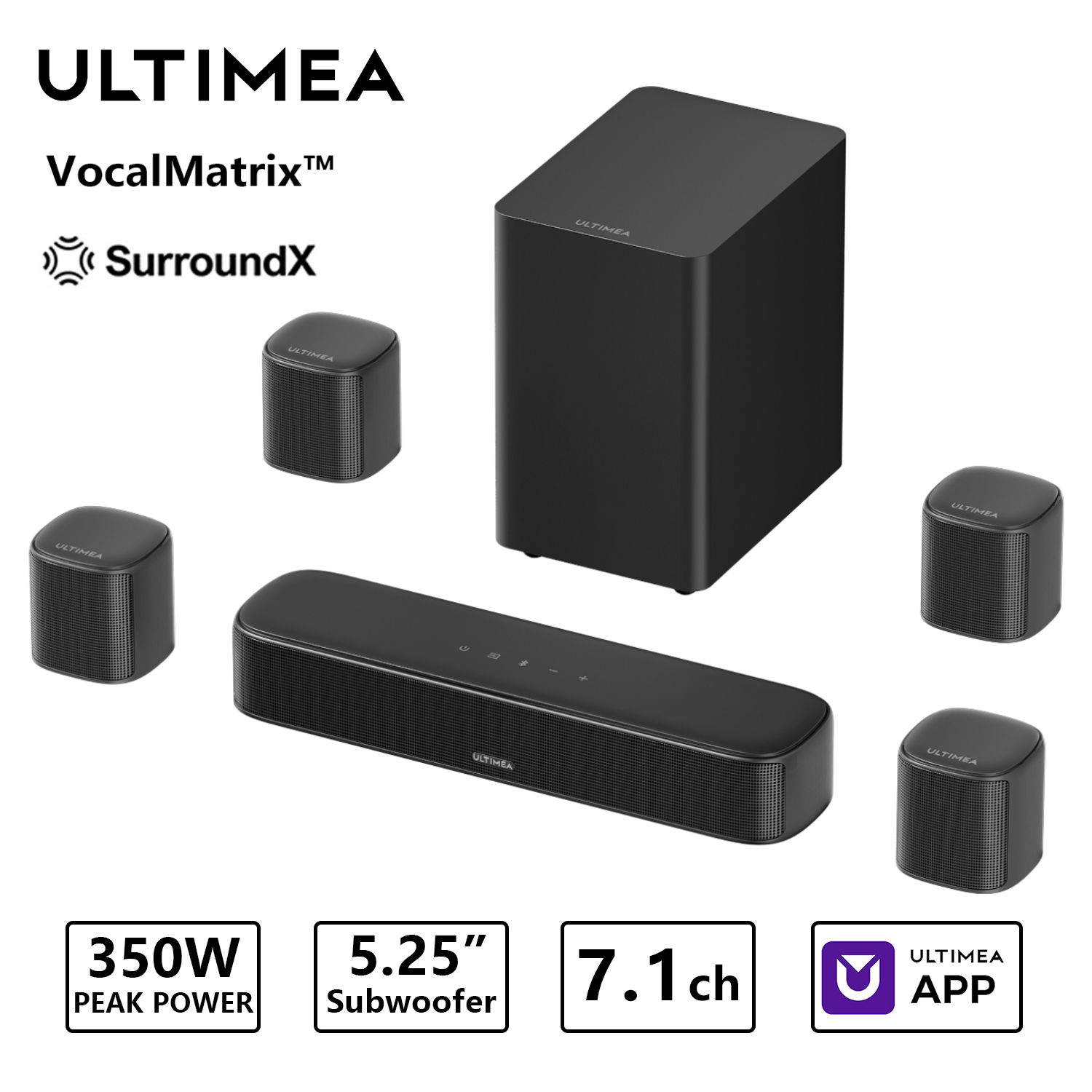 ULTIMEA 350W 7.1ch Virtual Surround Soundbar, Home Theater TV Sound Bar with Sub