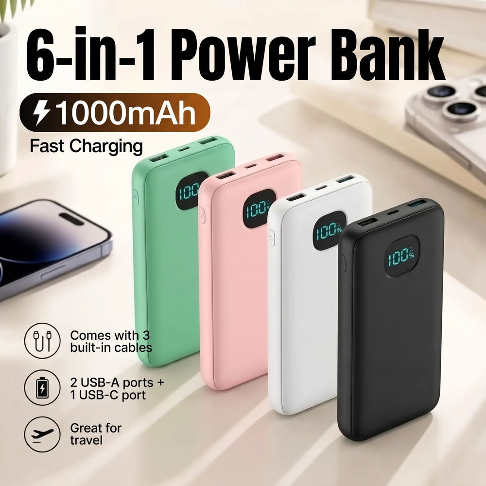 6-in-1 Power Bank 10000mAh PD 12.5W Fast Charging Phone External Battery Powerba