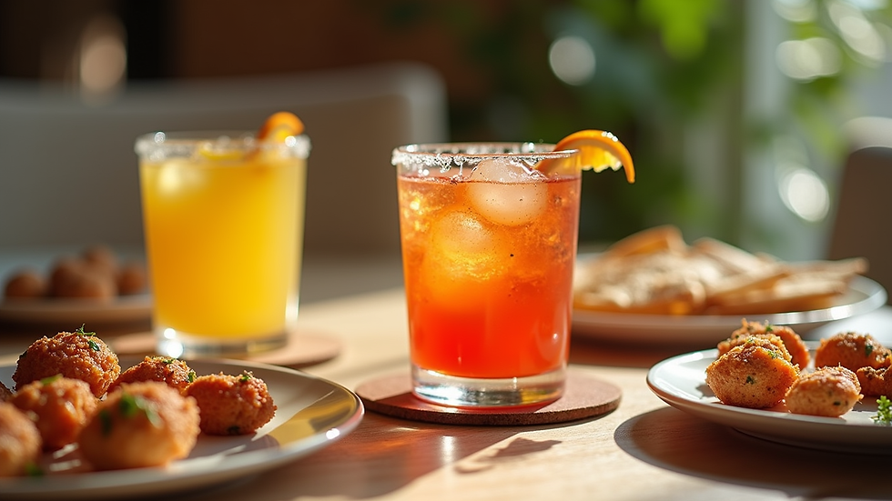 Eye-level view of a colorful table set with créole drinks and appetizers