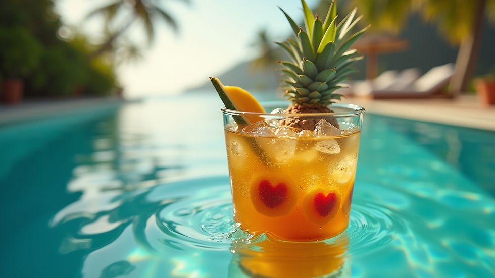 Vue en plongée d'un verre de planteur coloré avec des fruits tropicaux
