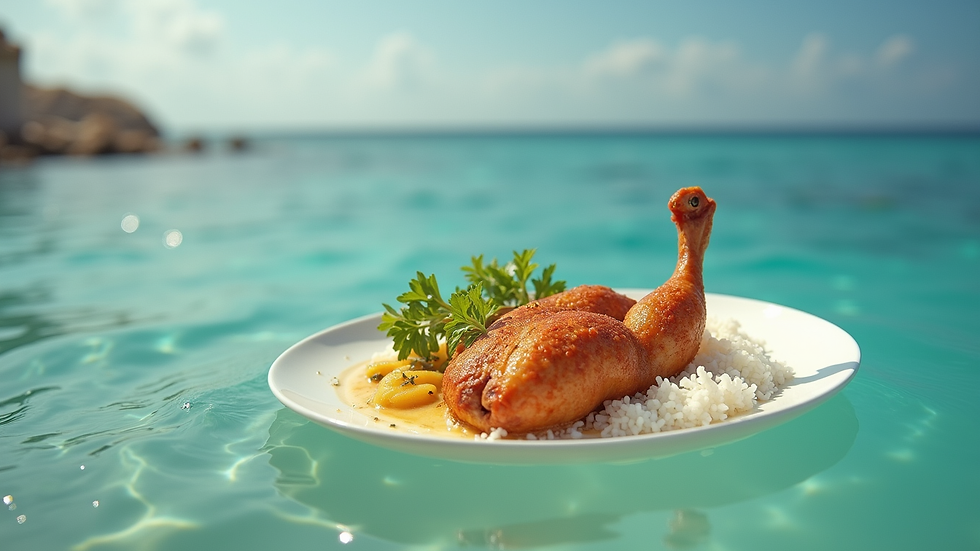 Vue en plongée d'un plat de colombo de poulet avec riz blanc