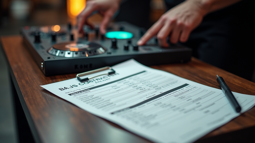 High angle view of a DJ's pricing list and contract on a table