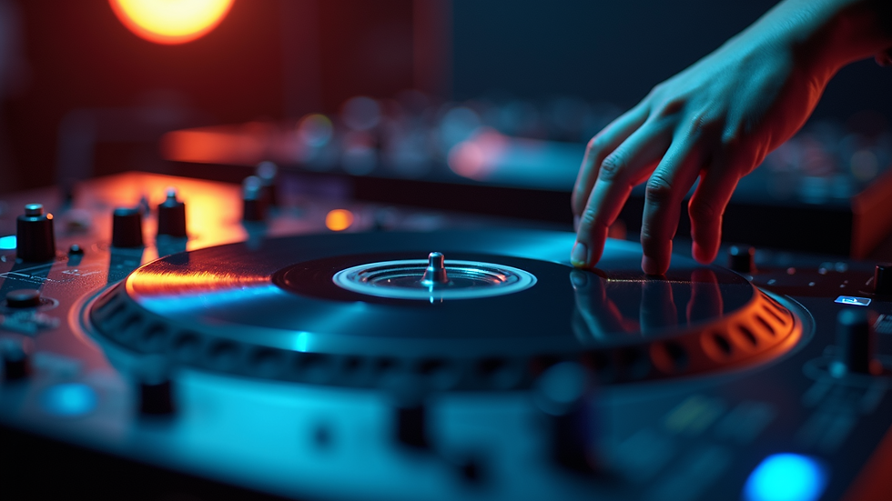 Close-up view of a DJ mixing tracks on a turntable