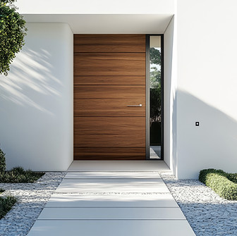 Modern wooden front door, white house ADU