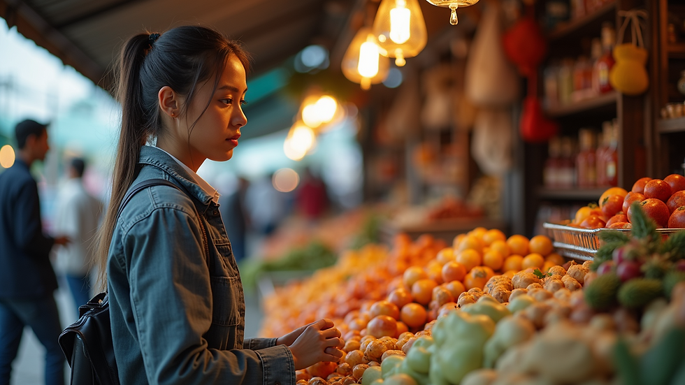Eye-level view of a seller showcasing products at a marketplace