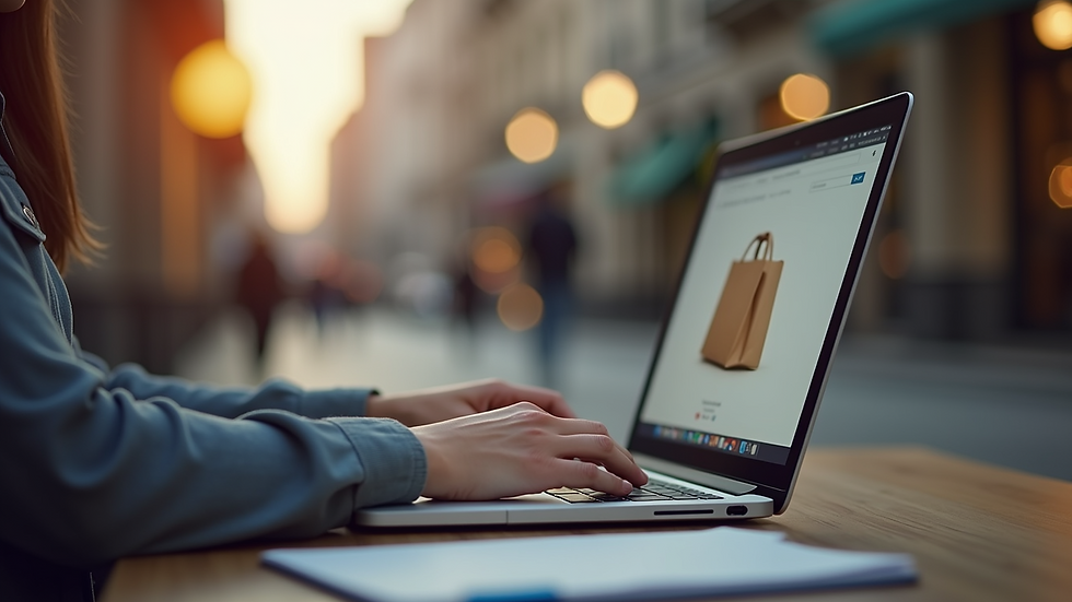 Eye-level view of a person using a laptop for online shopping