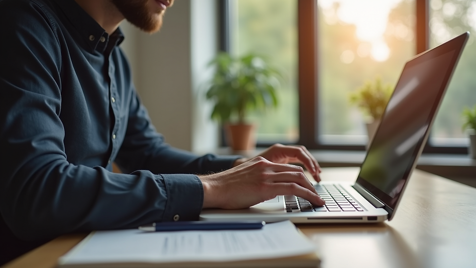 Eye-level view of a person using a laptop to manage Amazon sales