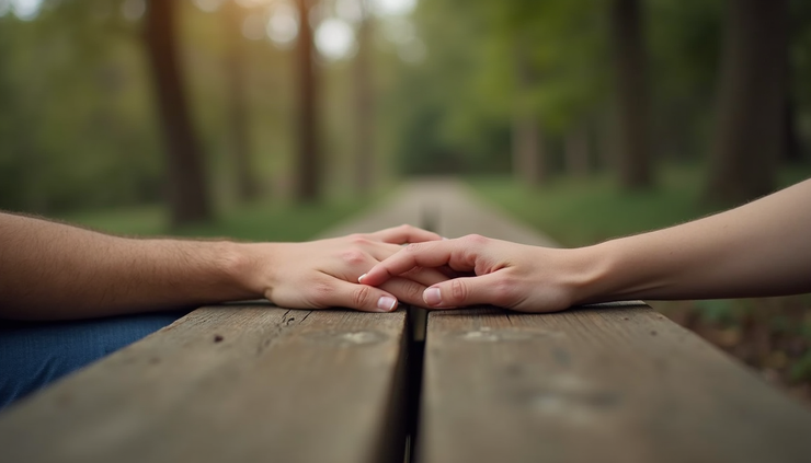Close-up view of two hands gently holding each other on a park bench