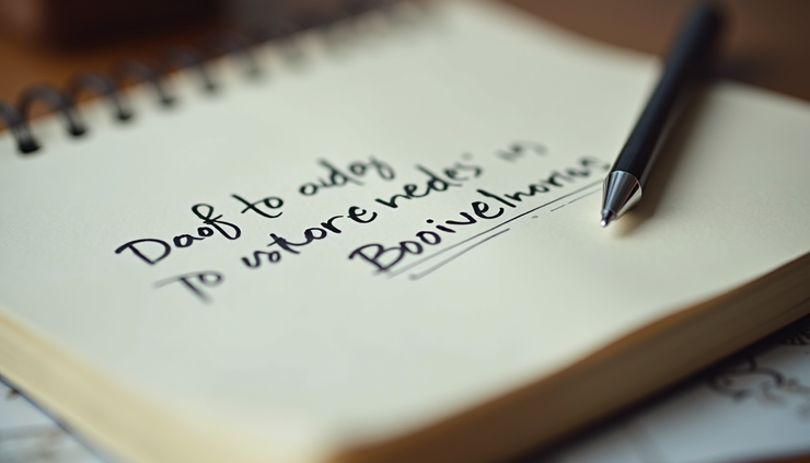 Close-up view of a journal with handwritten positive affirmations and a pen resting on the page