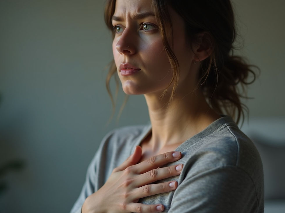 Close-up view of a person holding their chest with a worried expression