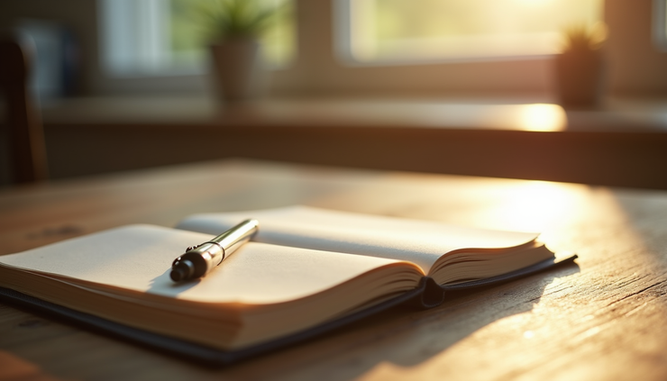 Close-up view of a journal and pen on a wooden table with soft morning light