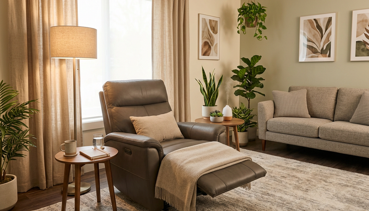 Wide-angle view of a calm therapy room with a reclining chair and soft lighting