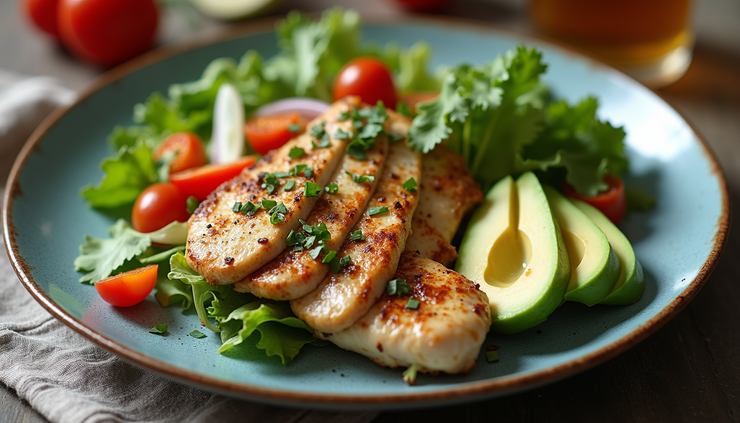 High angle view of a balanced meal plate with lean protein, vegetables, and healthy fats