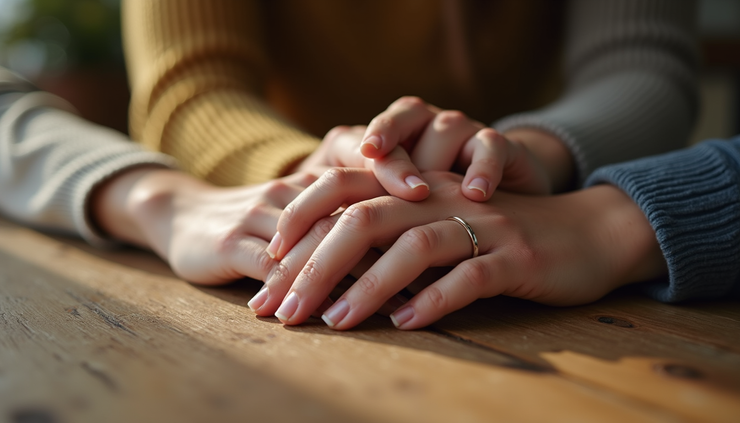 Close-up view of two hands gently holding each other on a wooden table