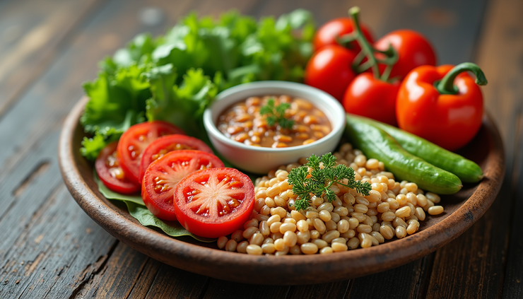 High angle view of a healthy meal with vegetables and grains