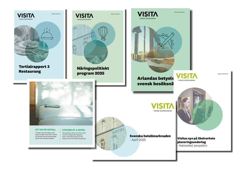 En samling omslag av Visitas rapporter, skrivelser och broschyrer.