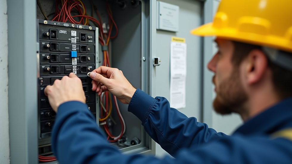 Eye-level view of a professional electrician installing a circuit breaker panel