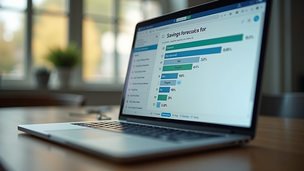 Eye-level view of a laptop screen showing a savings forecast calculator
