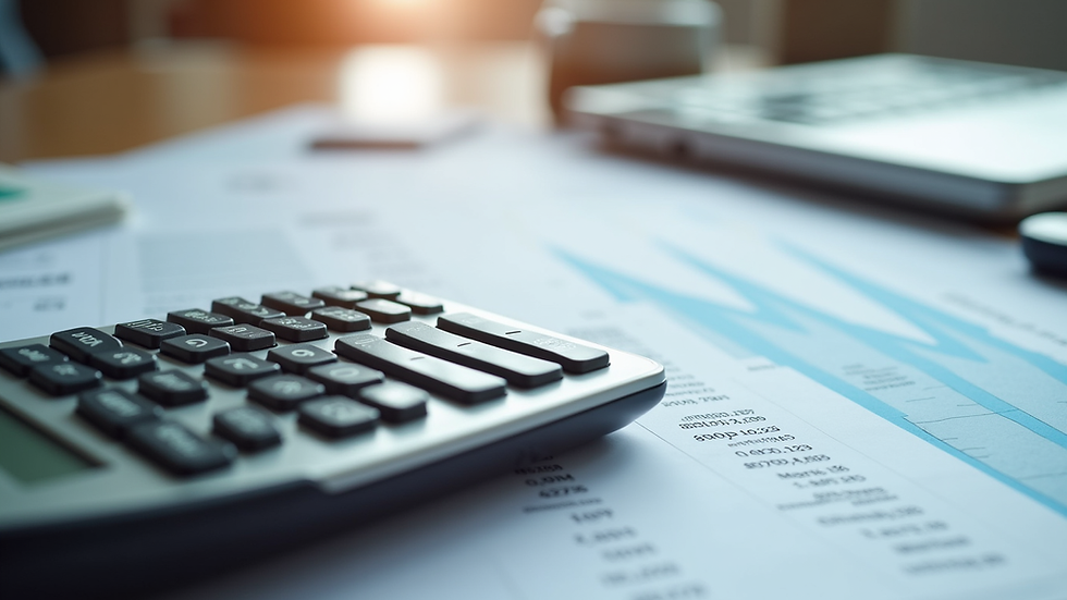 Eye-level view of a calculator and retirement planning documents on a desk