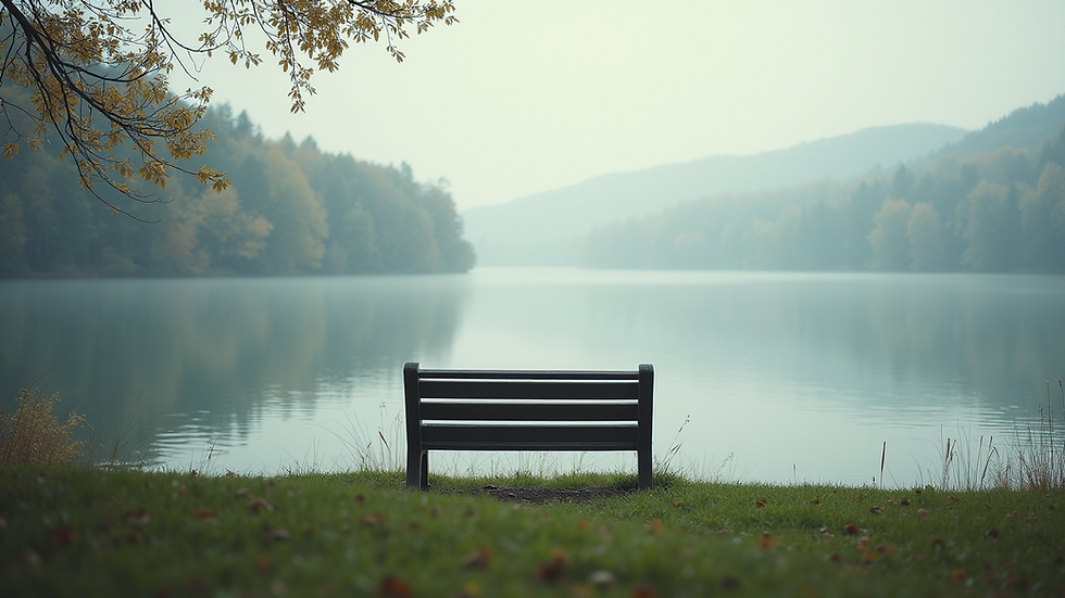 Eye-level view of a serene lakeside setting with a bench