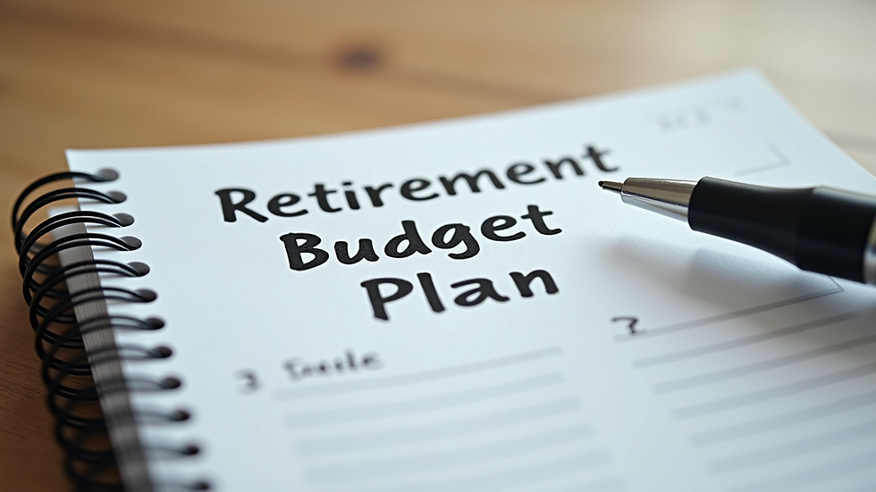 Close-up view of a notebook with a retirement budget plan and a pen