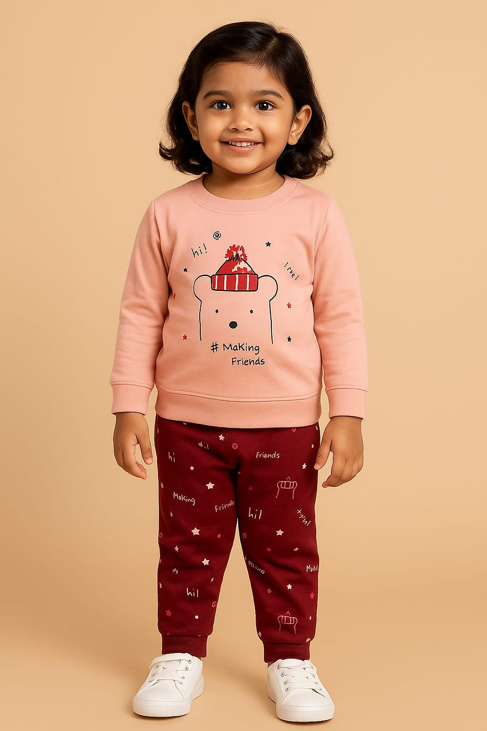Thumbnail: Kids' Cute Bear Printed Pajama Set – Pink & Maroon