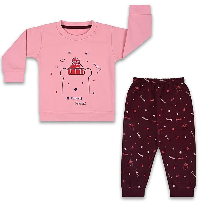 Thumbnail: Kids' Cute Bear Printed Pajama Set – Pink & Maroon