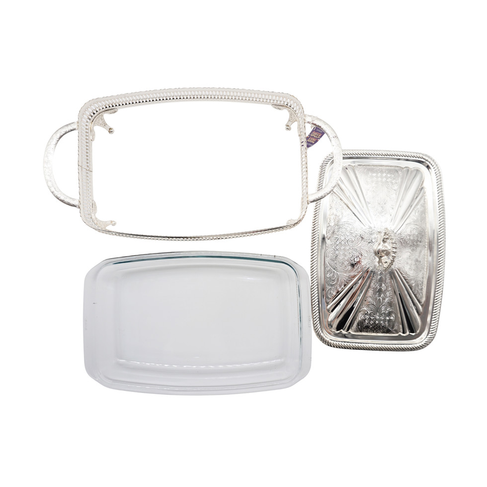Queen Anne Silver Plated Glass Pyrex Serving Dish Stand With Lid