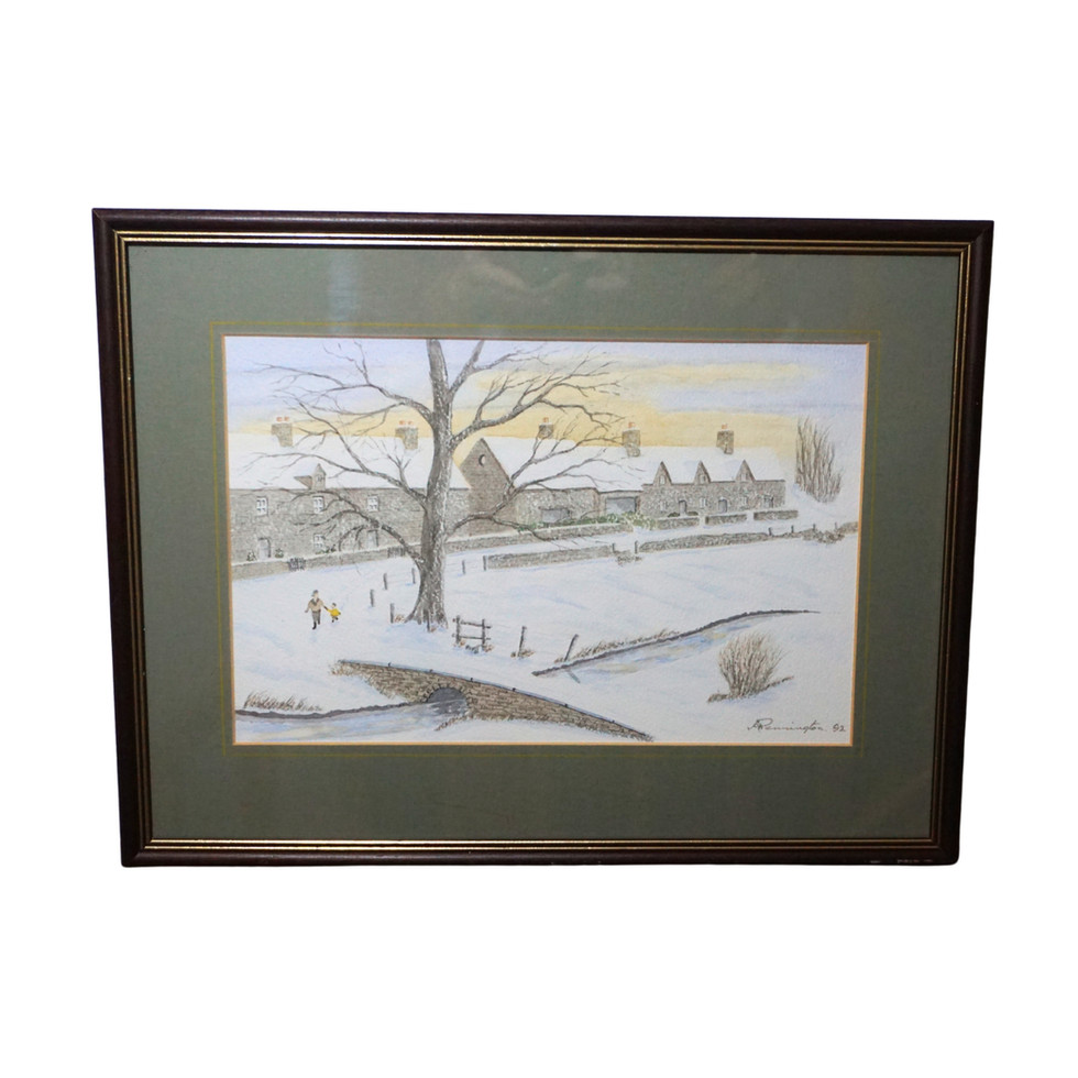 Winter Village Watercolour with Pencil Details, by Remington, 1992