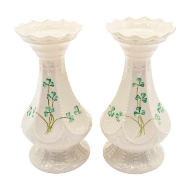 Belleek Irish Porcelain Island Shamrock Vases, Set of Two