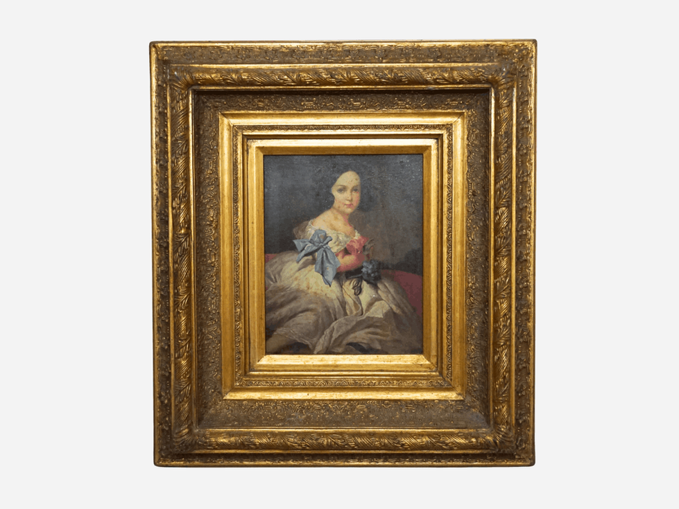 Antique Gilded Framed Portrait Painting of a Young Woman