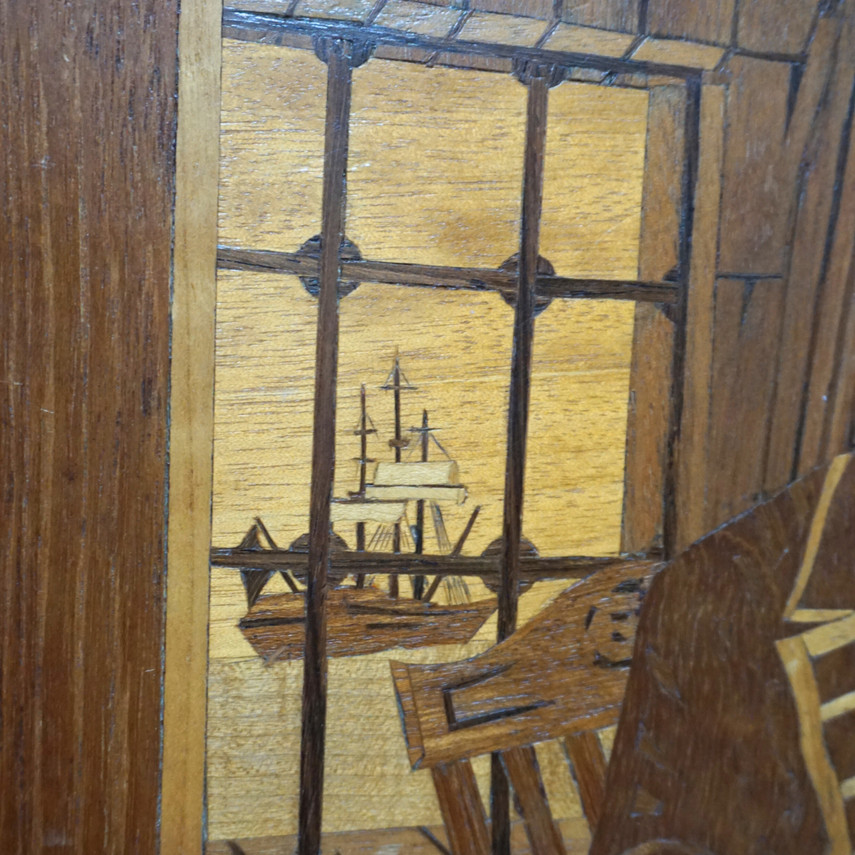 Vintage Wood Marquetry Panel of a Sailor at a Desk
