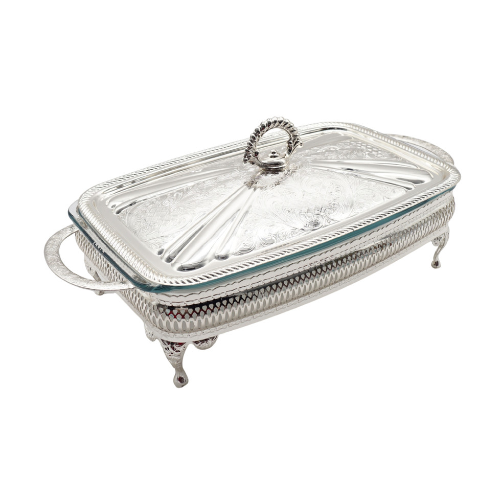 Queen Anne Silver Plated Glass Pyrex Serving Dish Stand With Lid
