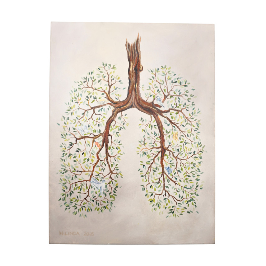 Original Acrylic Lung Tree Painting with Birds on Canvas, 2018