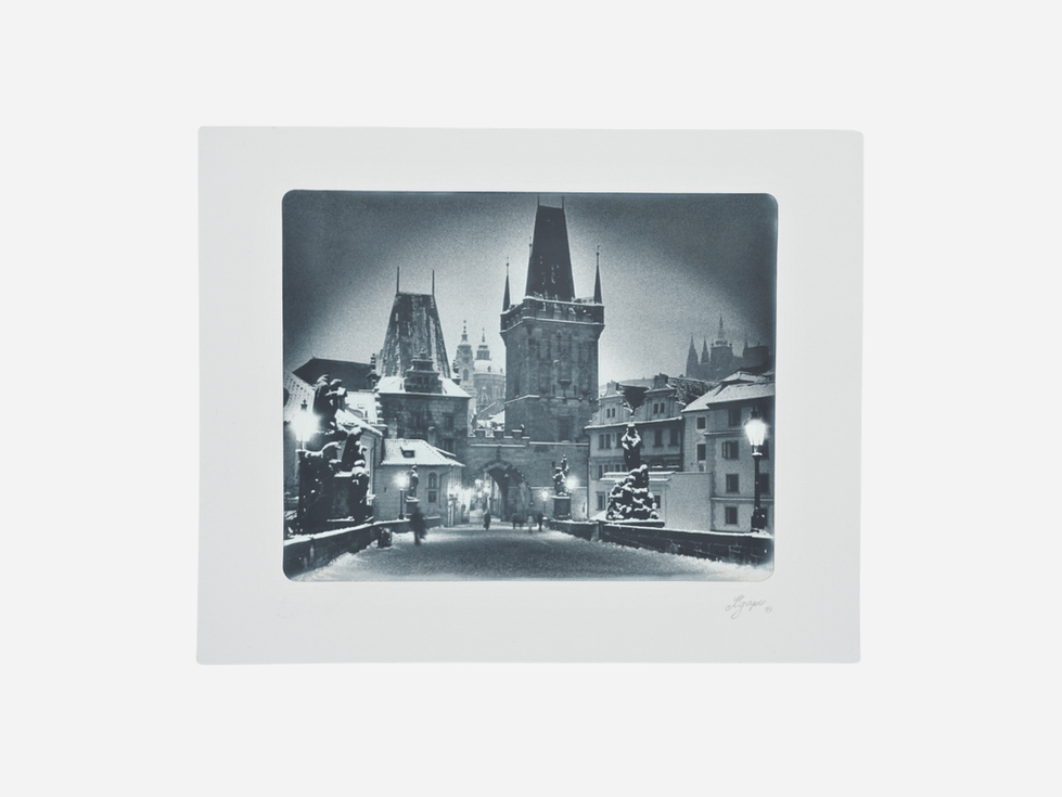 Vintage Prague Charles Bridge Winter Cityscape Print, Signed