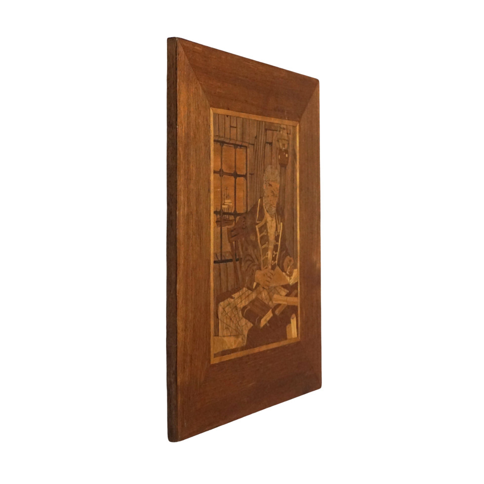 Vintage Wood Marquetry Panel of a Sailor at a Desk