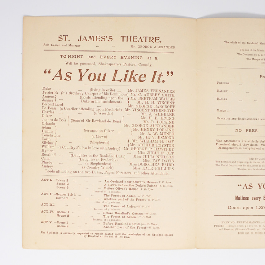 Shakespeare Programme, St. James Theatre, King Street, London, 1897