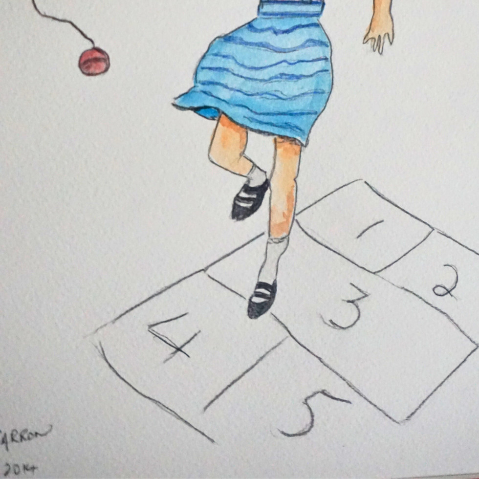 Pencil and Watercolour Art of a Girl Playing Hopscotch, James McCarron, 2014
