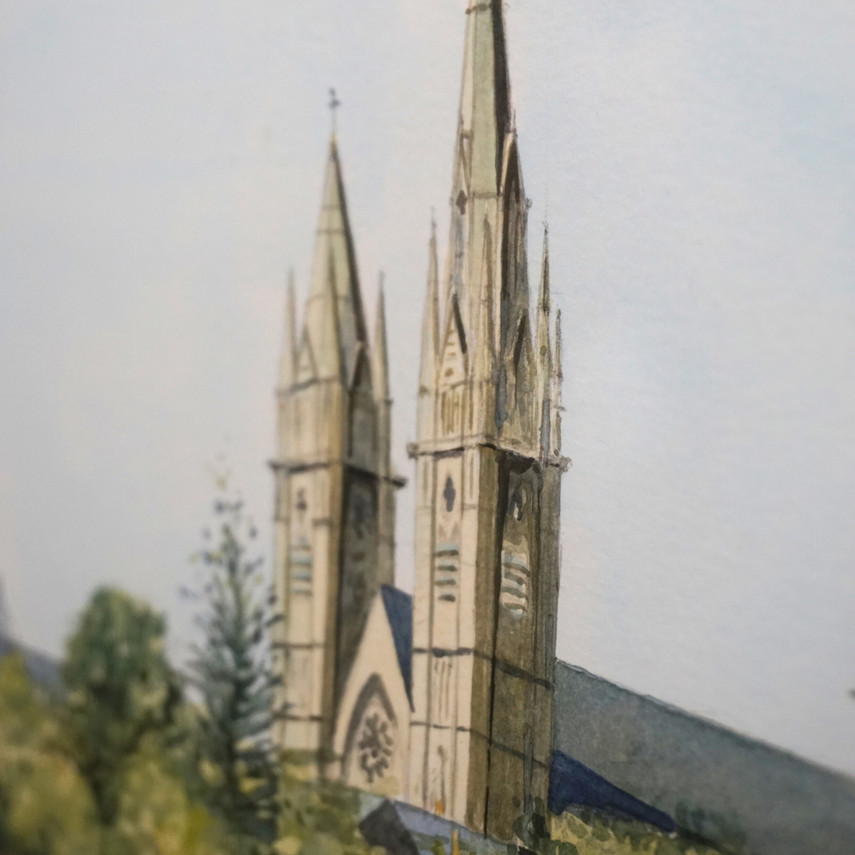 Watercolour Painting of The Spires, Omagh by K. McGlinn, 2002