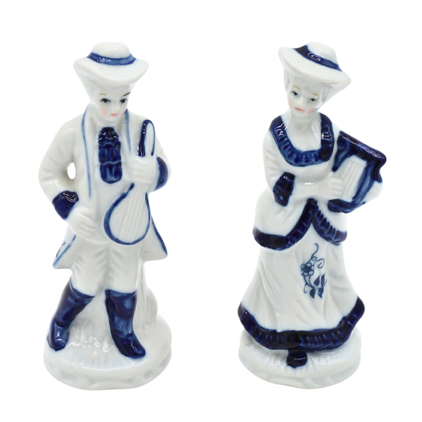 Vintage Delft Porcelain Man and Woman Playing Musical Instruments Figurines