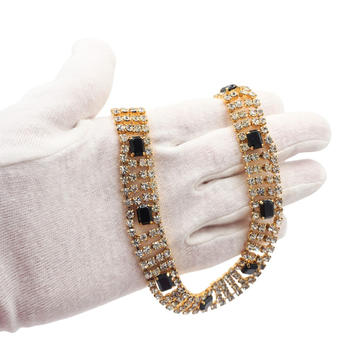 Vintage Rhinestone Necklace and Earrings Set with Black and Clear Stones