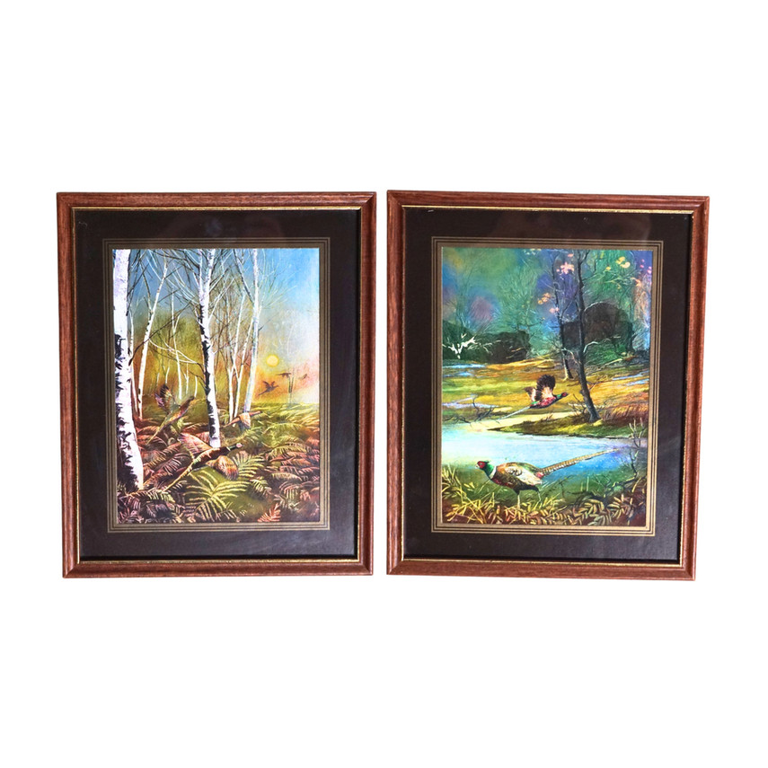 Vintage Foil Print Art Wood Framed Pheasants, Set of Two