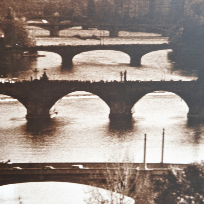 Vintage Prague Cityscape Print, Charles Bridge and Vltava River, Signed