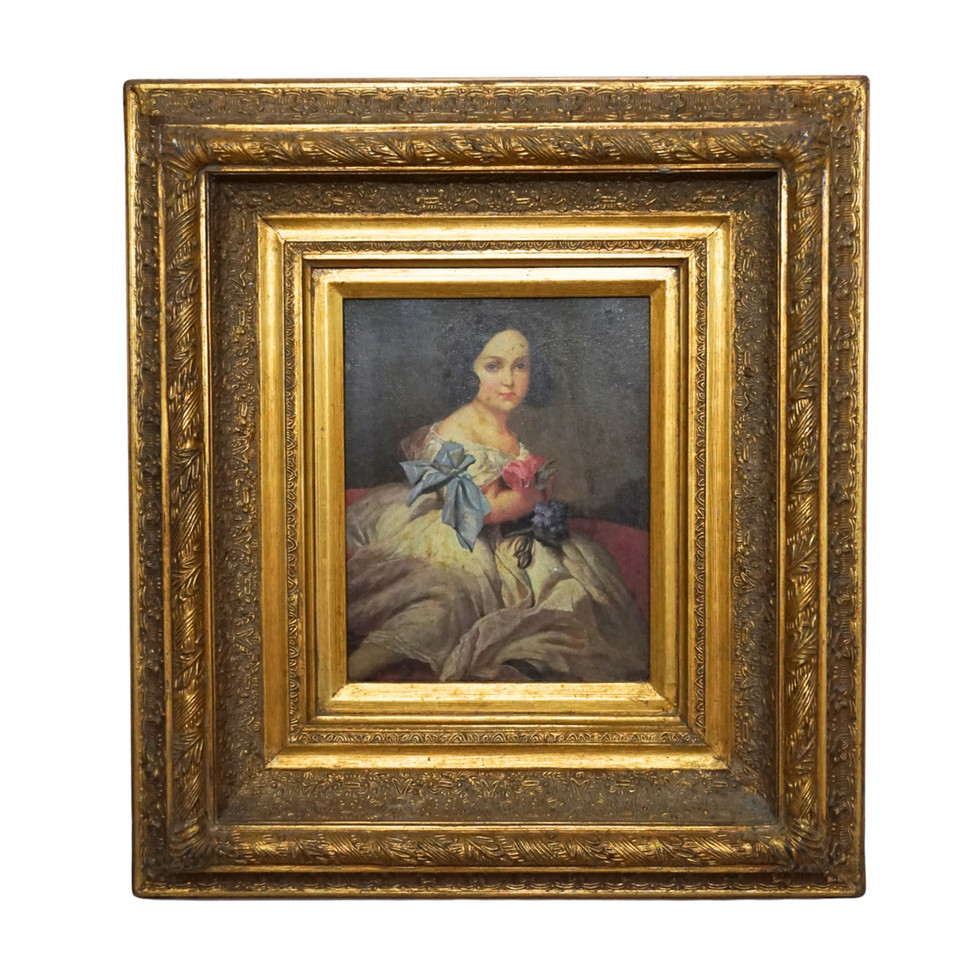Antique Gilded Framed Portrait Painting of a Young Woman
