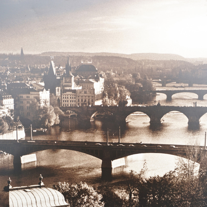 Vintage Prague Cityscape Print, Charles Bridge and Vltava River, Signed