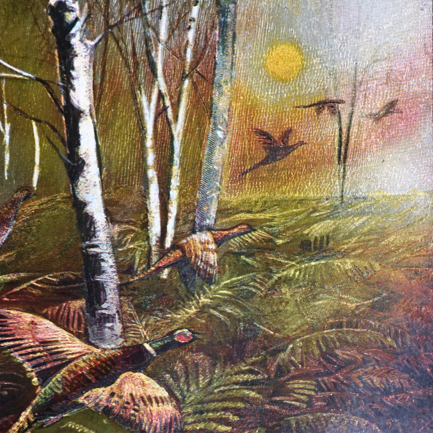 Vintage Foil Print Art Wood Framed Pheasants, Set of Two