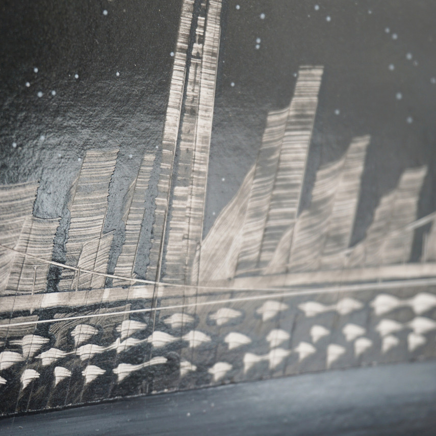 Night Cityscape with Suspension Bridge Spray Paint Art, Unframed
