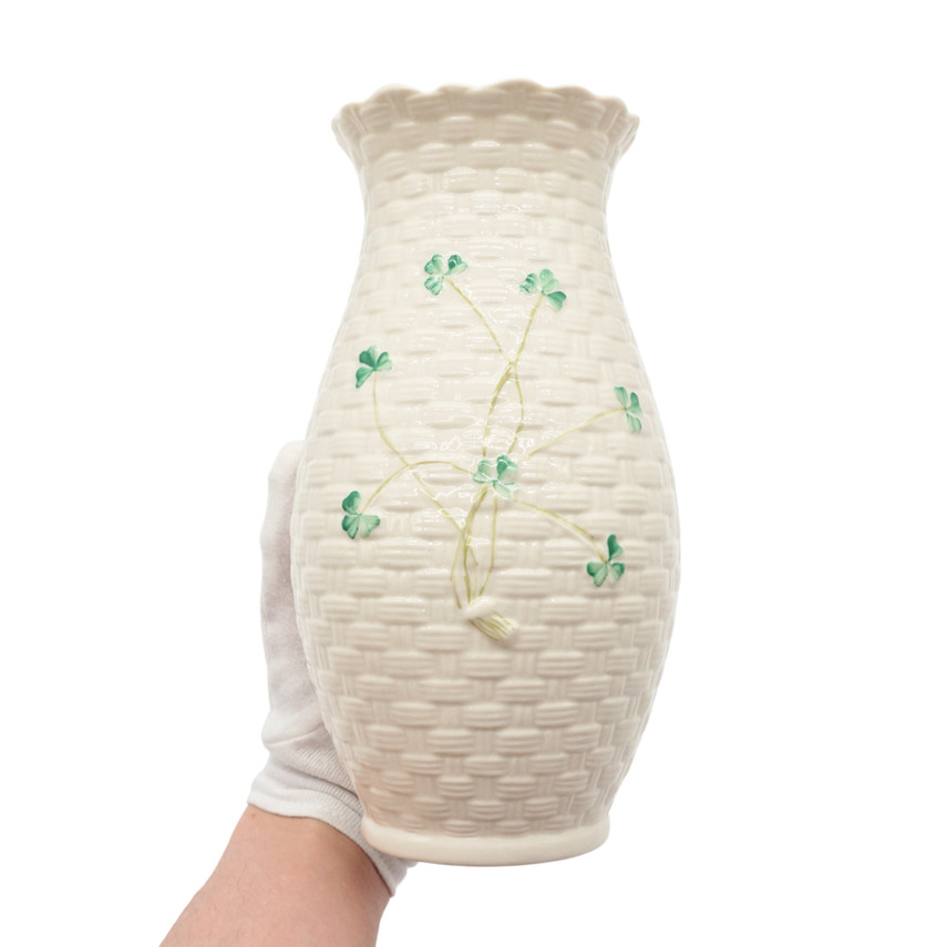 Belleek Kylemore Basket Weave Shamrock Vase