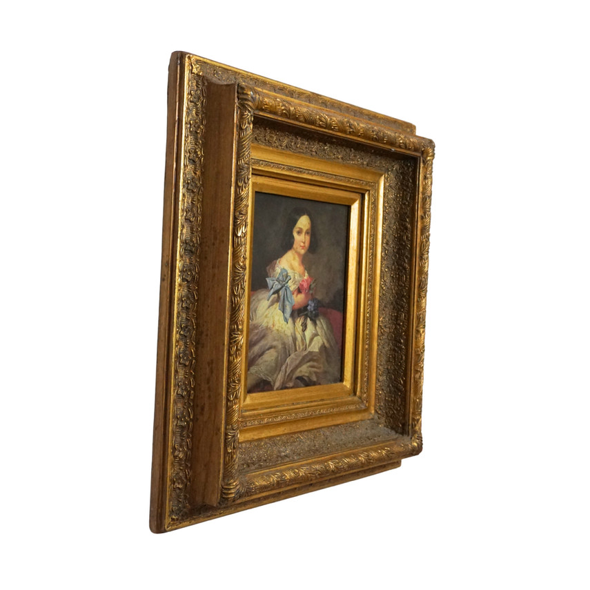 Antique Gilded Framed Portrait Painting of a Young Woman